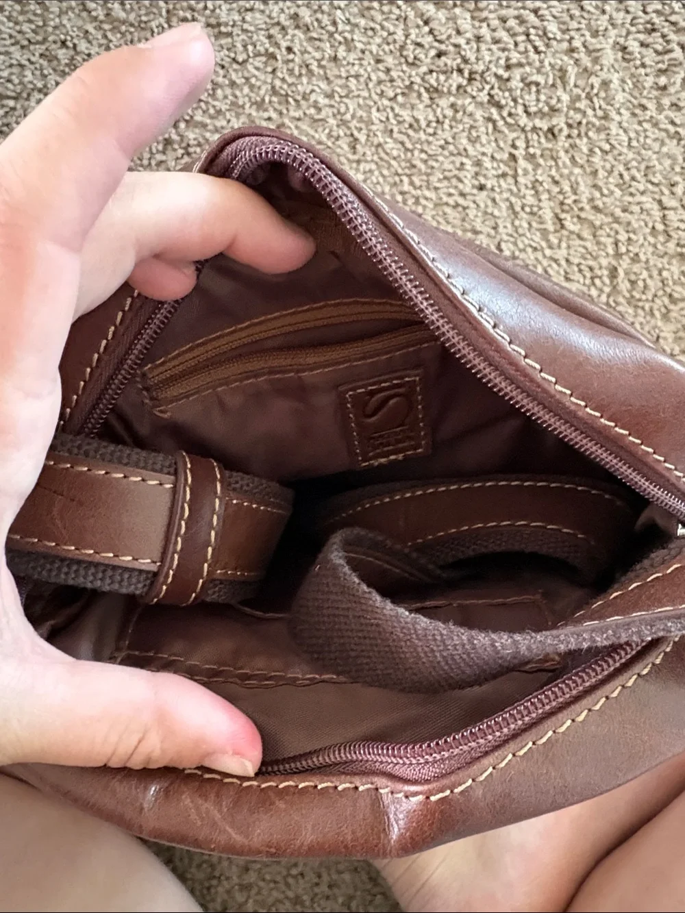 Men's Brown Leather Messenger Crossbody Bag with Front Zip Pocket